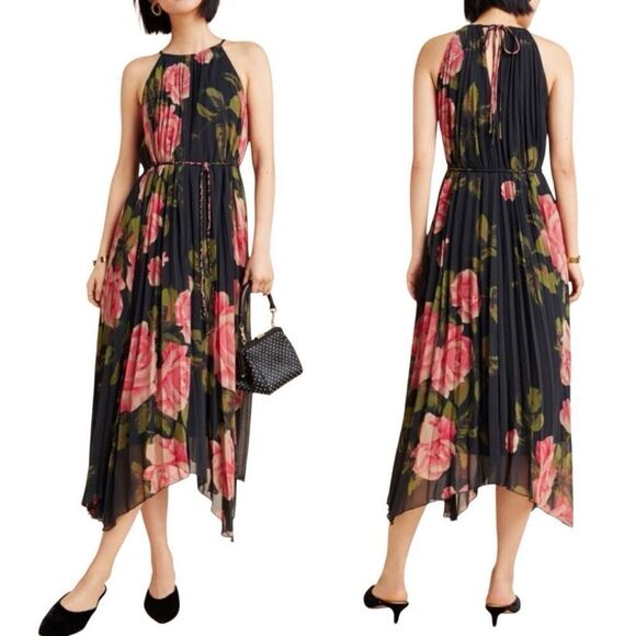 Anthropologie Black Floral Emeline Pleated Smocked Halter High Low Dress Small - Picture 1 of 9